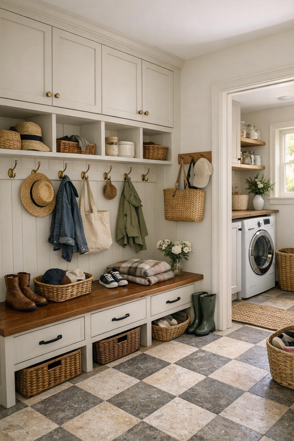 Organized cottage mudroom with built-ins, checkerboard floor, and bright practical storage