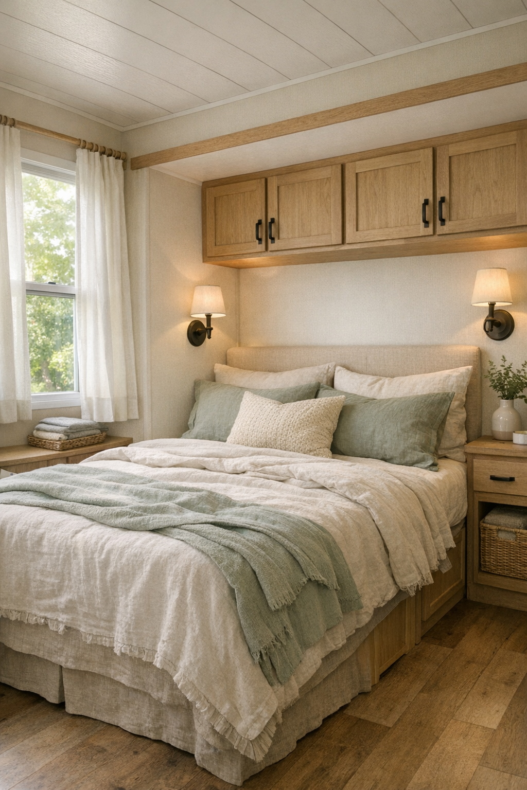 Serene cottage bedroom with soft sage tones and linen bedding