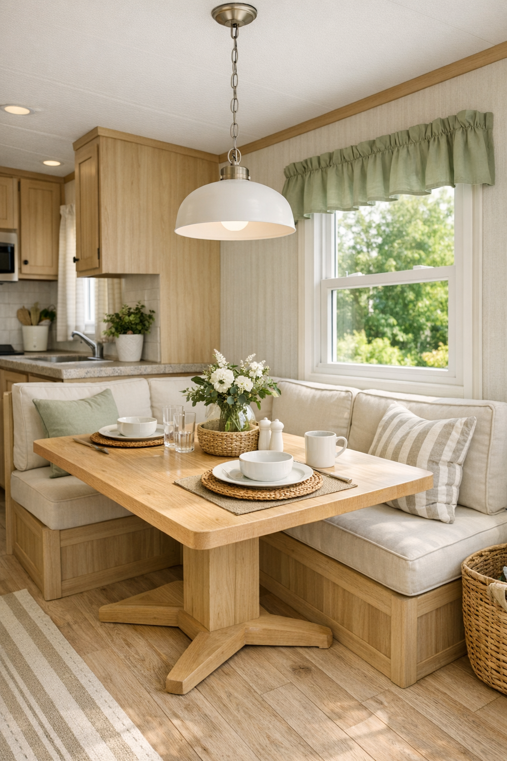 Charming small dining nook with light wood table and soft cottage details