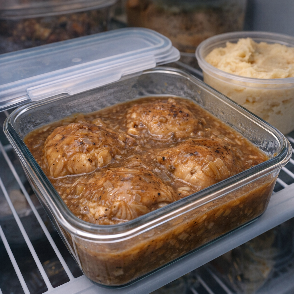 Leftover chicken and gravy stored in a glass container