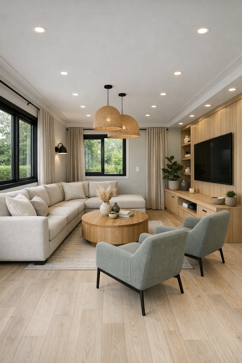 Accessible container home living room with oatmeal seating and pale oak finishes