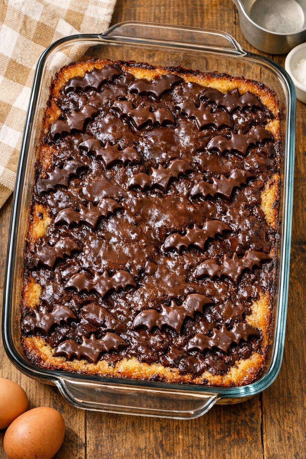 Finished baked chocolate bat dessert in a glass baking dish