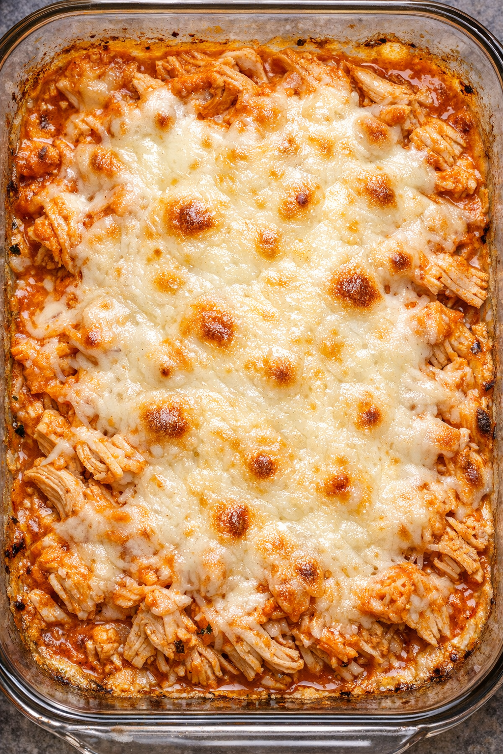 Finished buffalo chicken bake with melted mozzarella