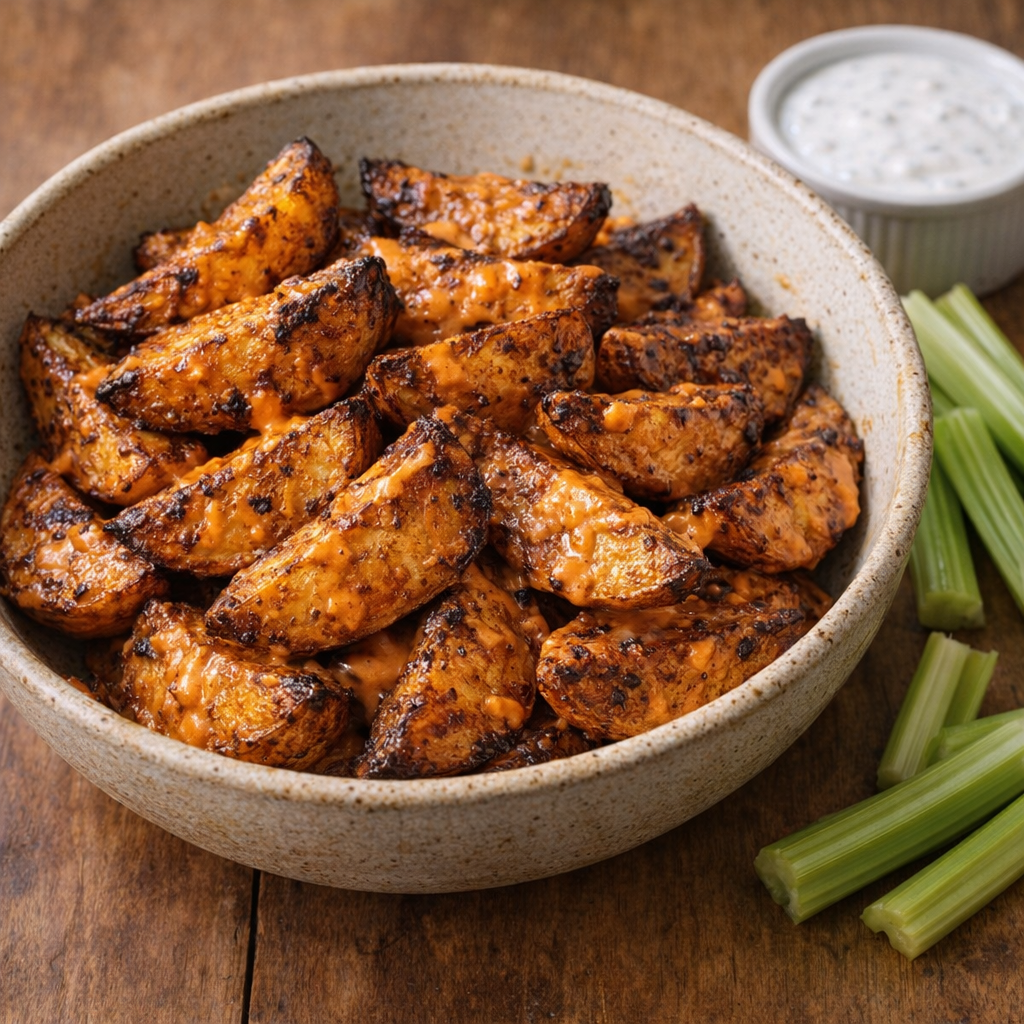 Rustic bowl of roasted potato wedges on a wooden table