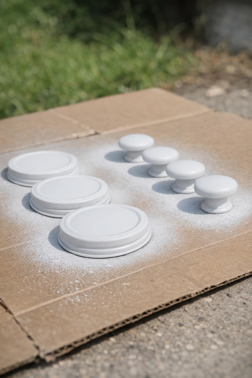 Spray-painted lids and knobs drying on a drop cloth