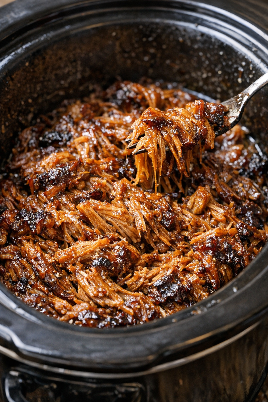 Slow cooker filled with a glazed pulled savory dish