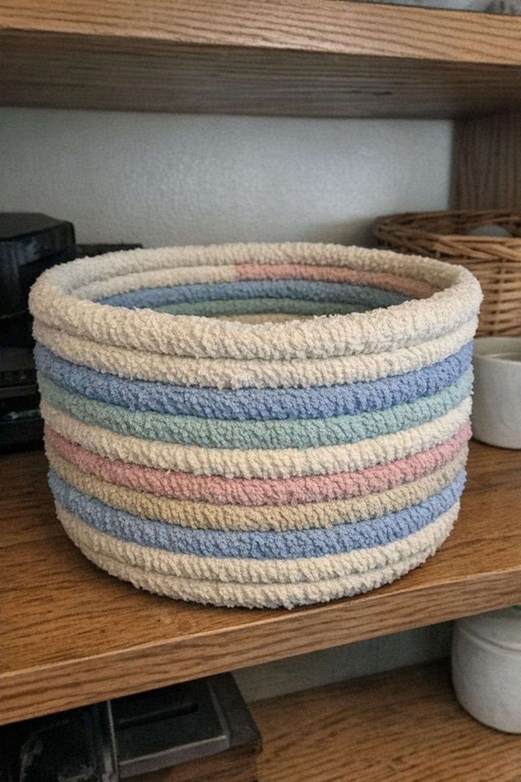 Coiled basket made from towel-wrapped rope