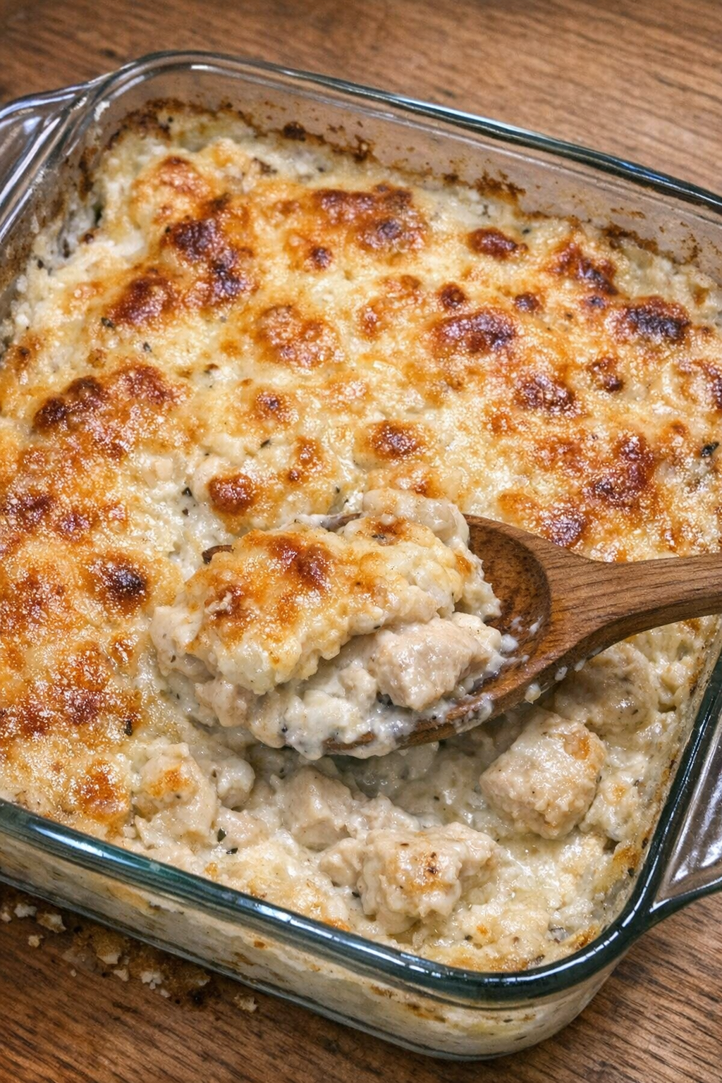Creamy chicken Romanoff baked until golden