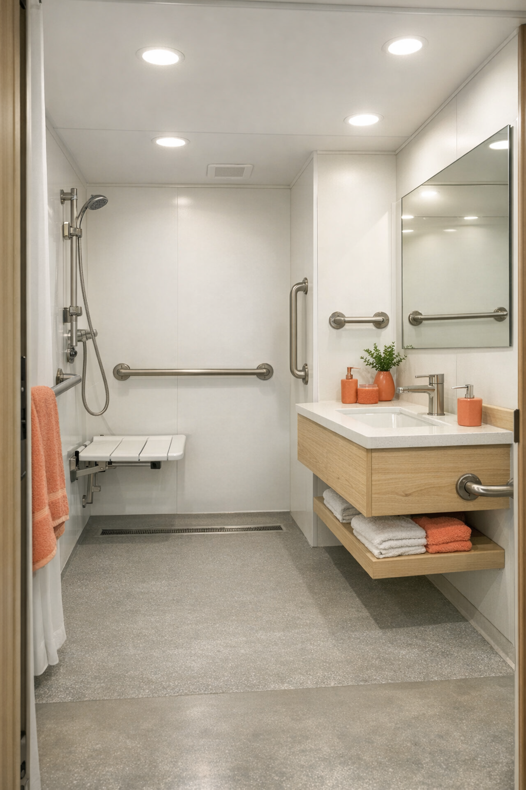 Accessible RV bathroom with roll-in shower, pale wood vanity, and warm white finishes
