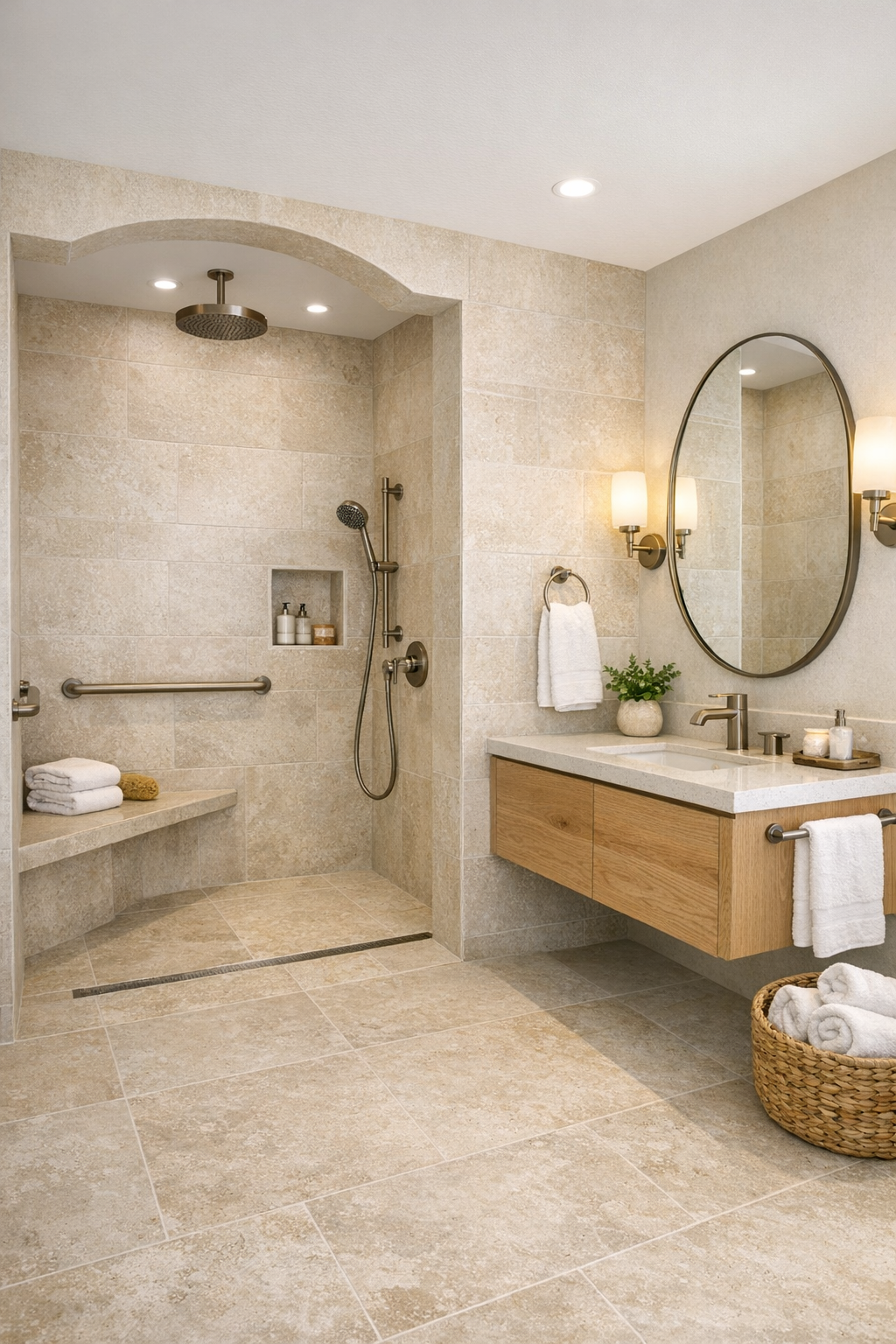 Spa-like bathroom with curbless shower and warm wood vanity
