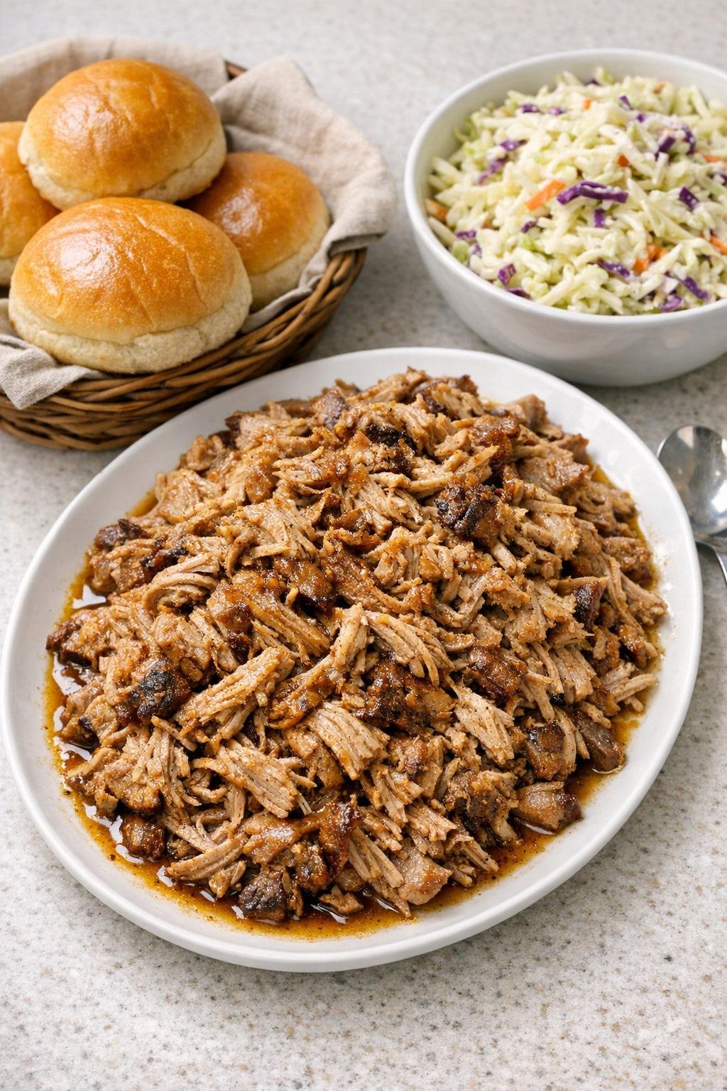 Finished pulled pork plated with sides