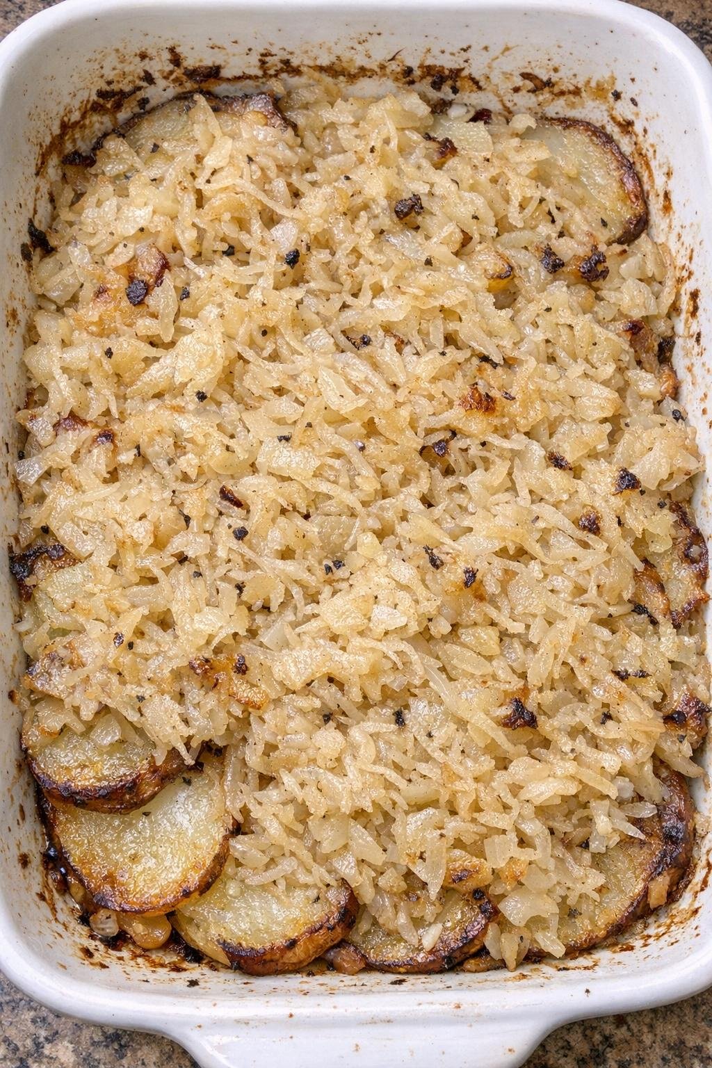 Finished sauerkraut and potato bake in a white casserole dish