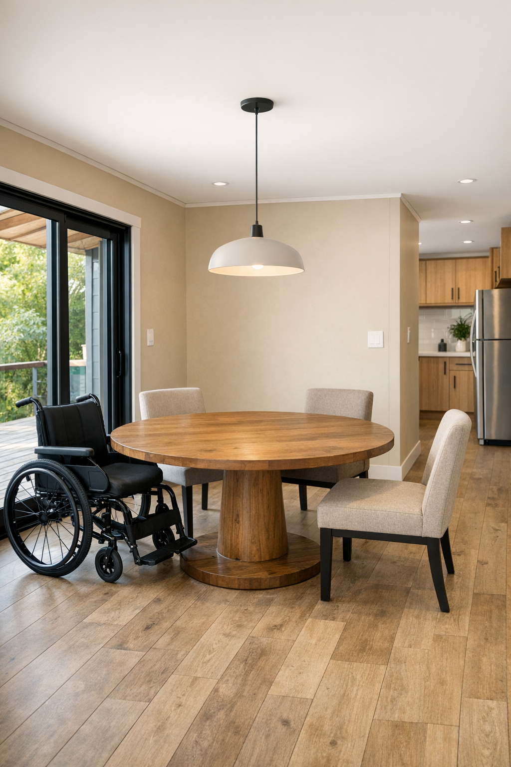 Accessible dining room with wood table, upholstered chairs, and warm earthy finishes