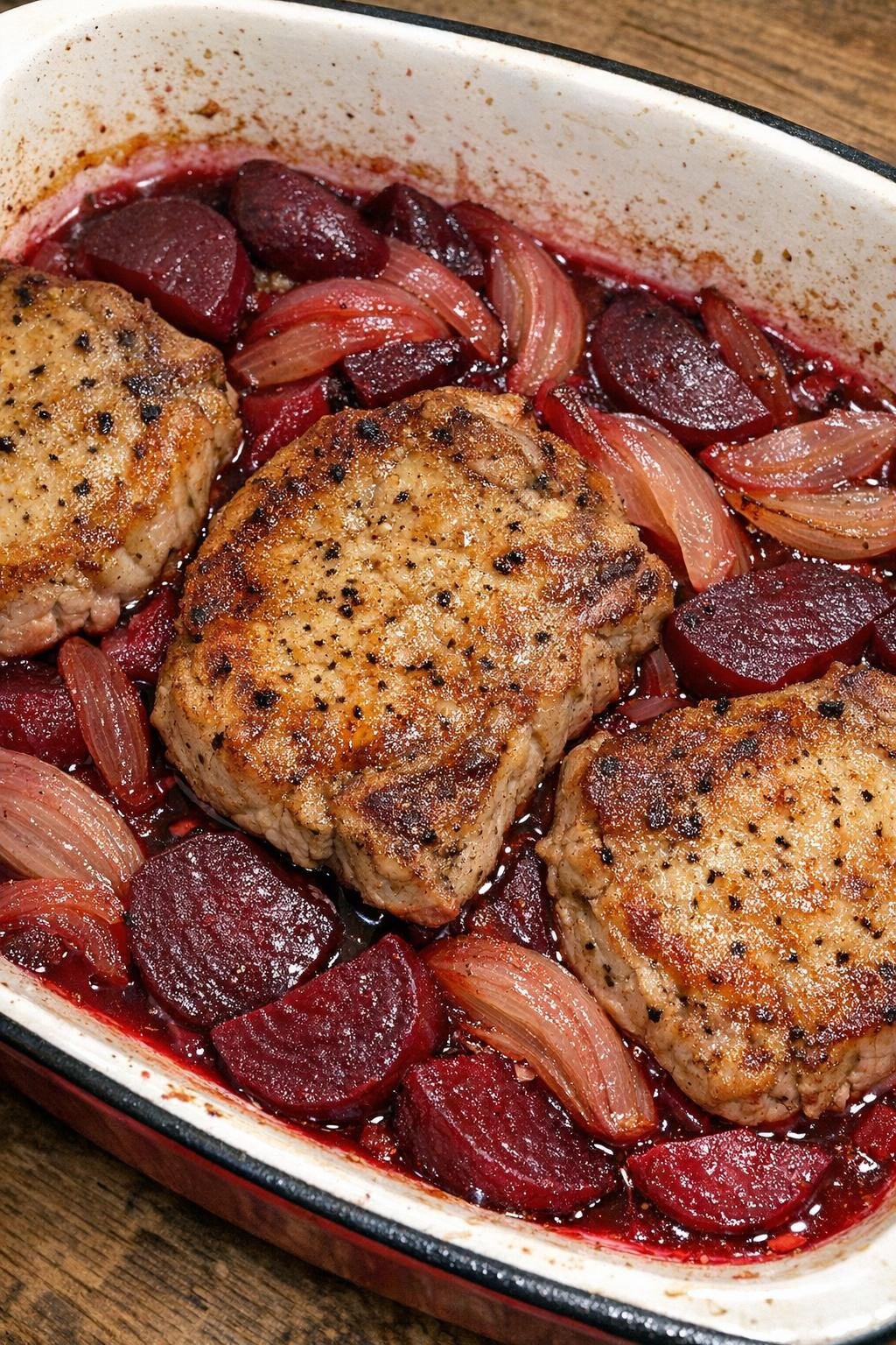 Baked pork chops with beets and onions in a casserole dish