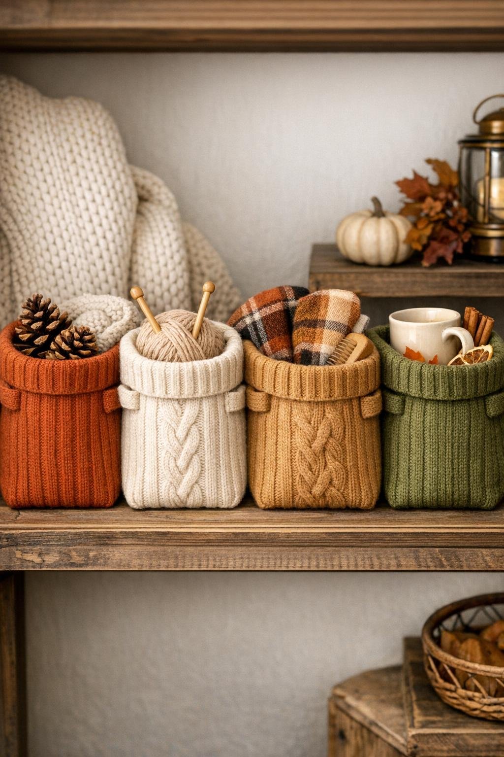 Finished set of four wool cardigan storage bins in fall colors