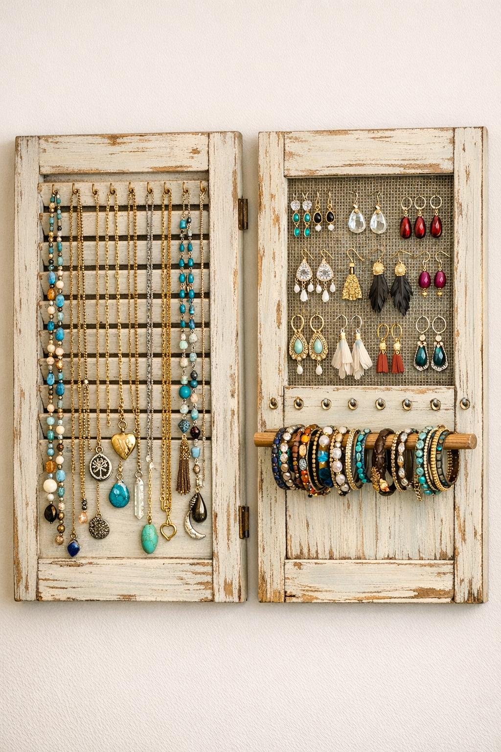 Finished vintage jewelry display made from old window shutters