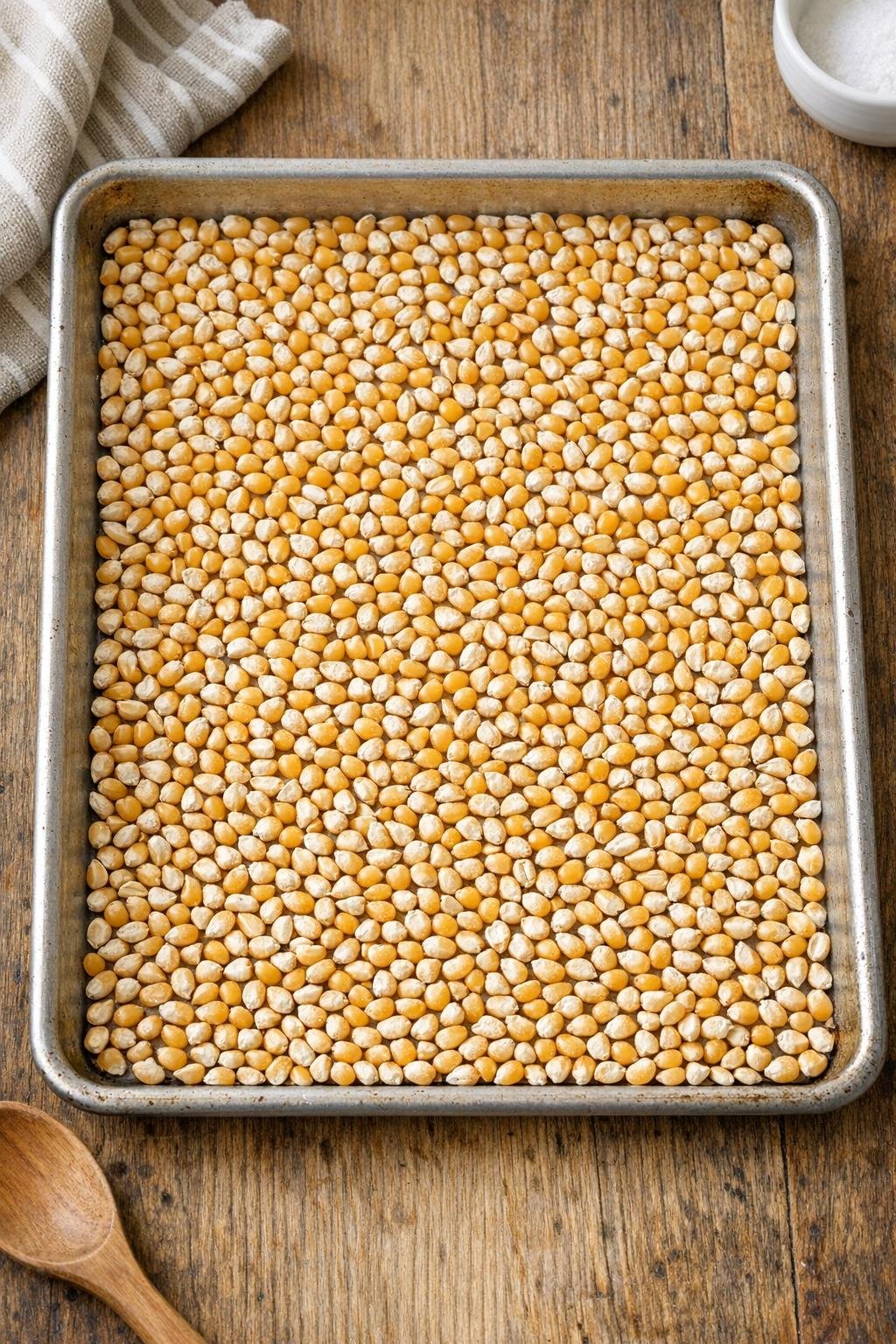 Grains de maïs à éclater étalés sur la plaque de cuisson