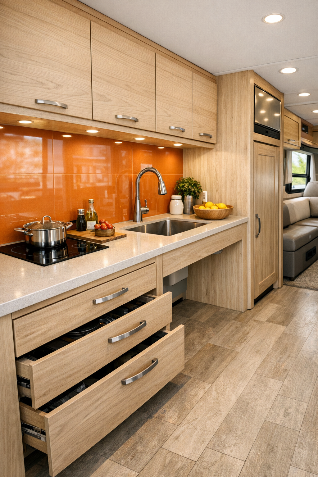 Modern accessible RV kitchen with pale wood cabinets and tangerine backsplash