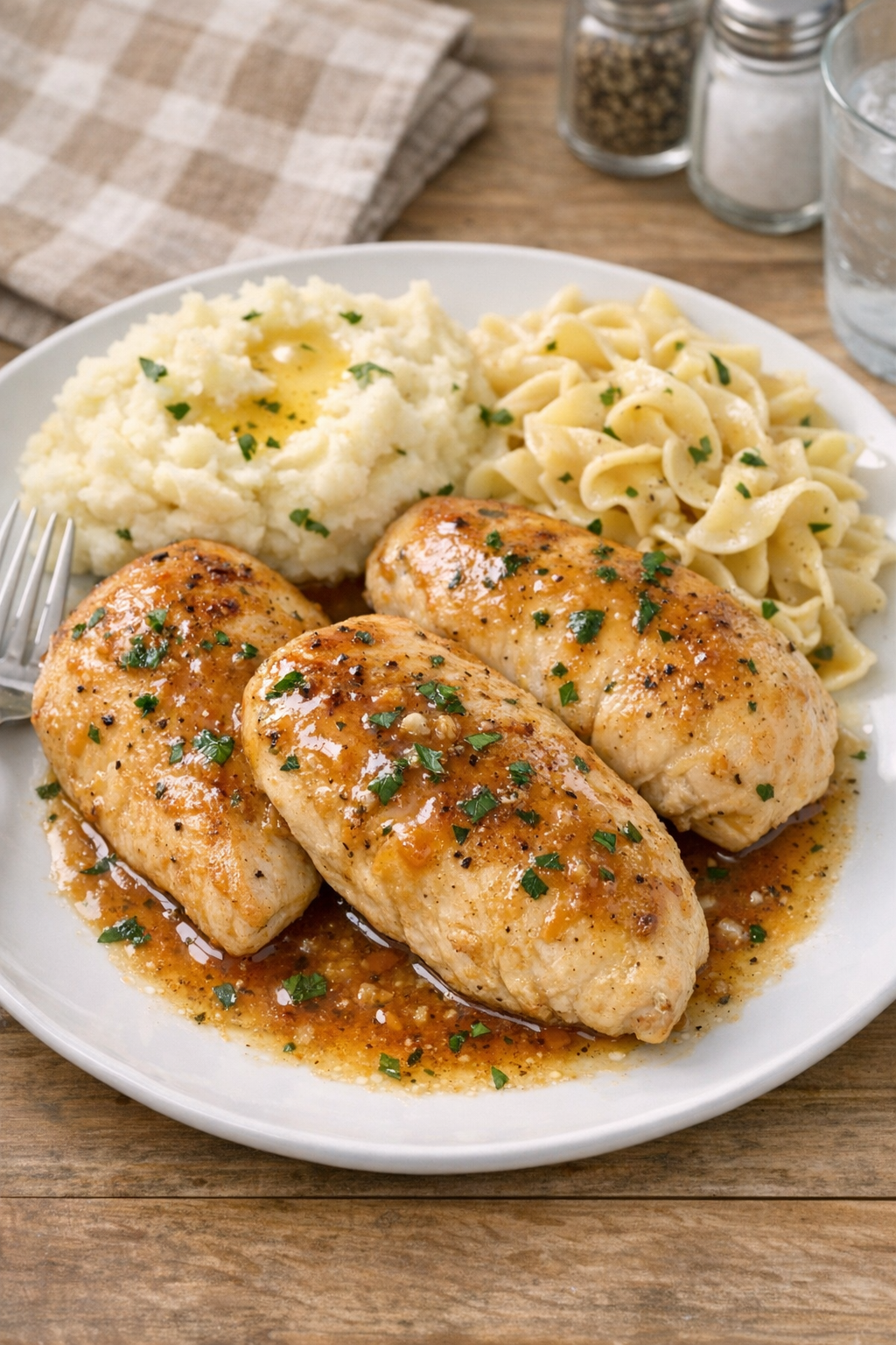 Baked chicken breasts plated with pan juices