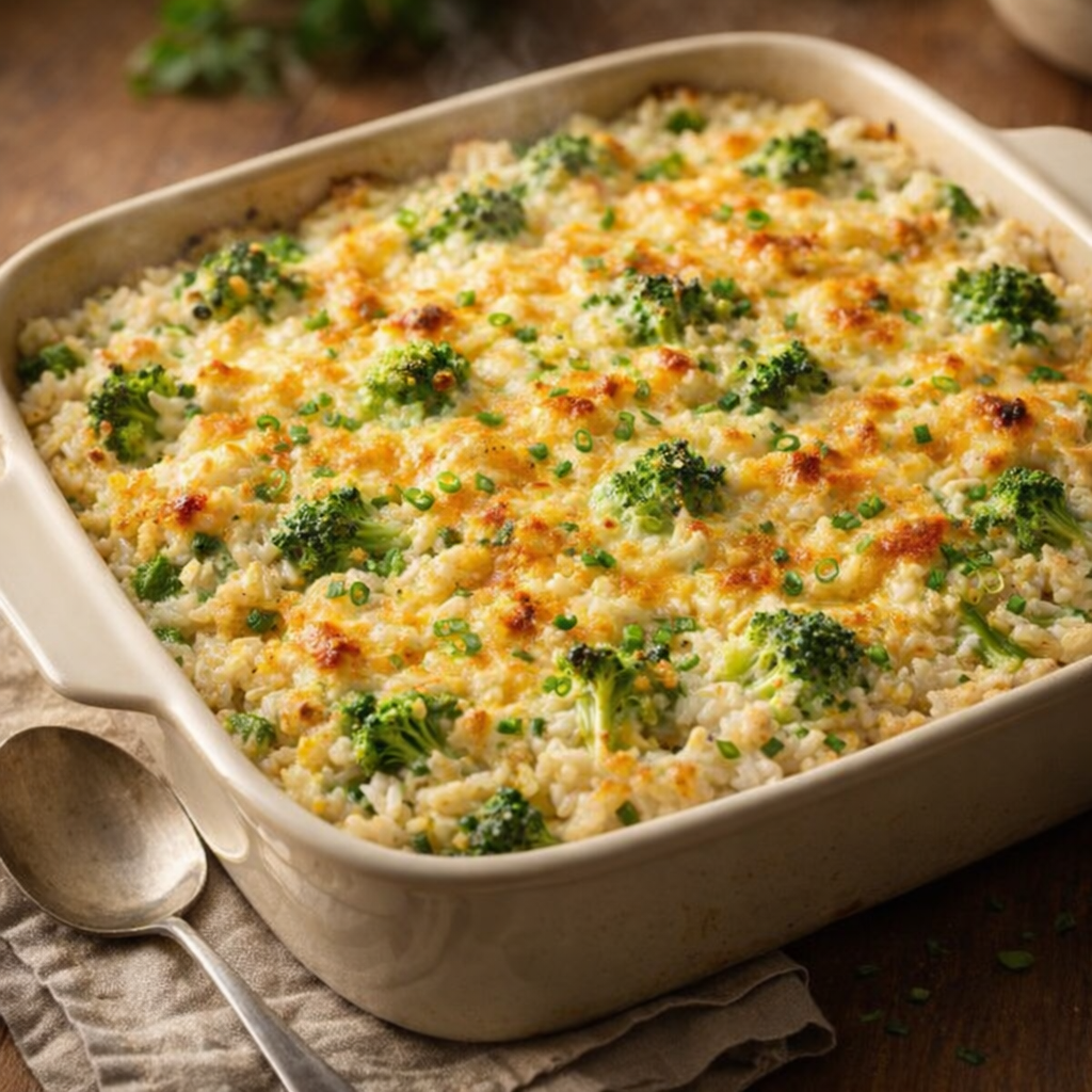 Freshly baked broccoli rice casserole in a ceramic baking dish