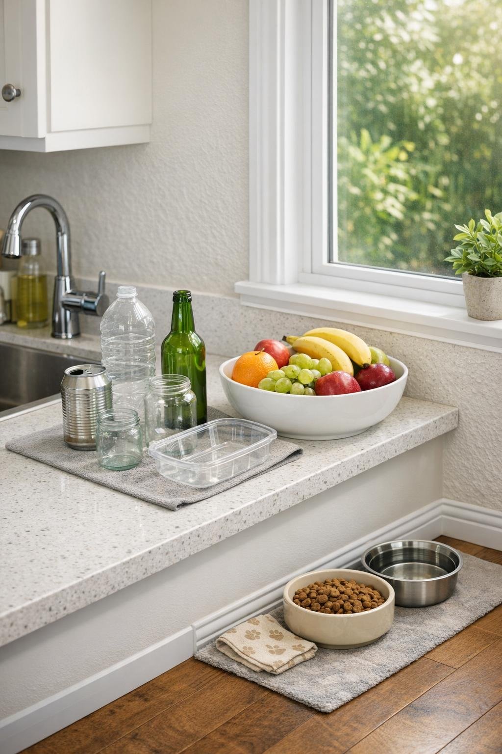 Kitchen prevention steps with sealed gaps, clean counters, and rinsed recycling