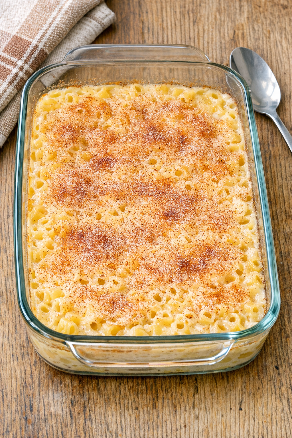 Baked sweet ditalini pudding in a glass baking dish