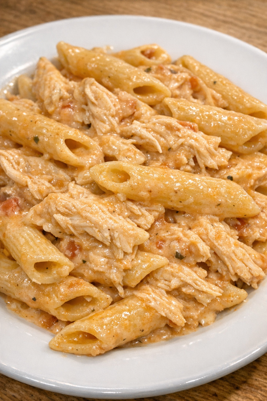 Creamy salsa chicken pasta on a white plate