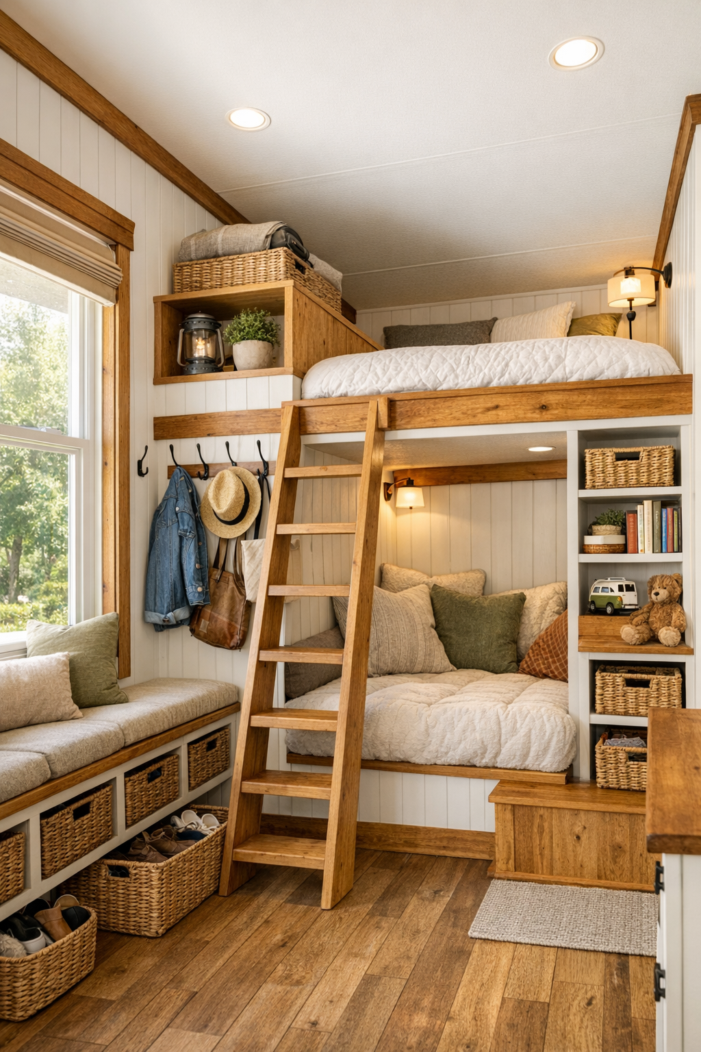 Smart cottage style secondary space with built-in storage and a cozy multipurpose nook