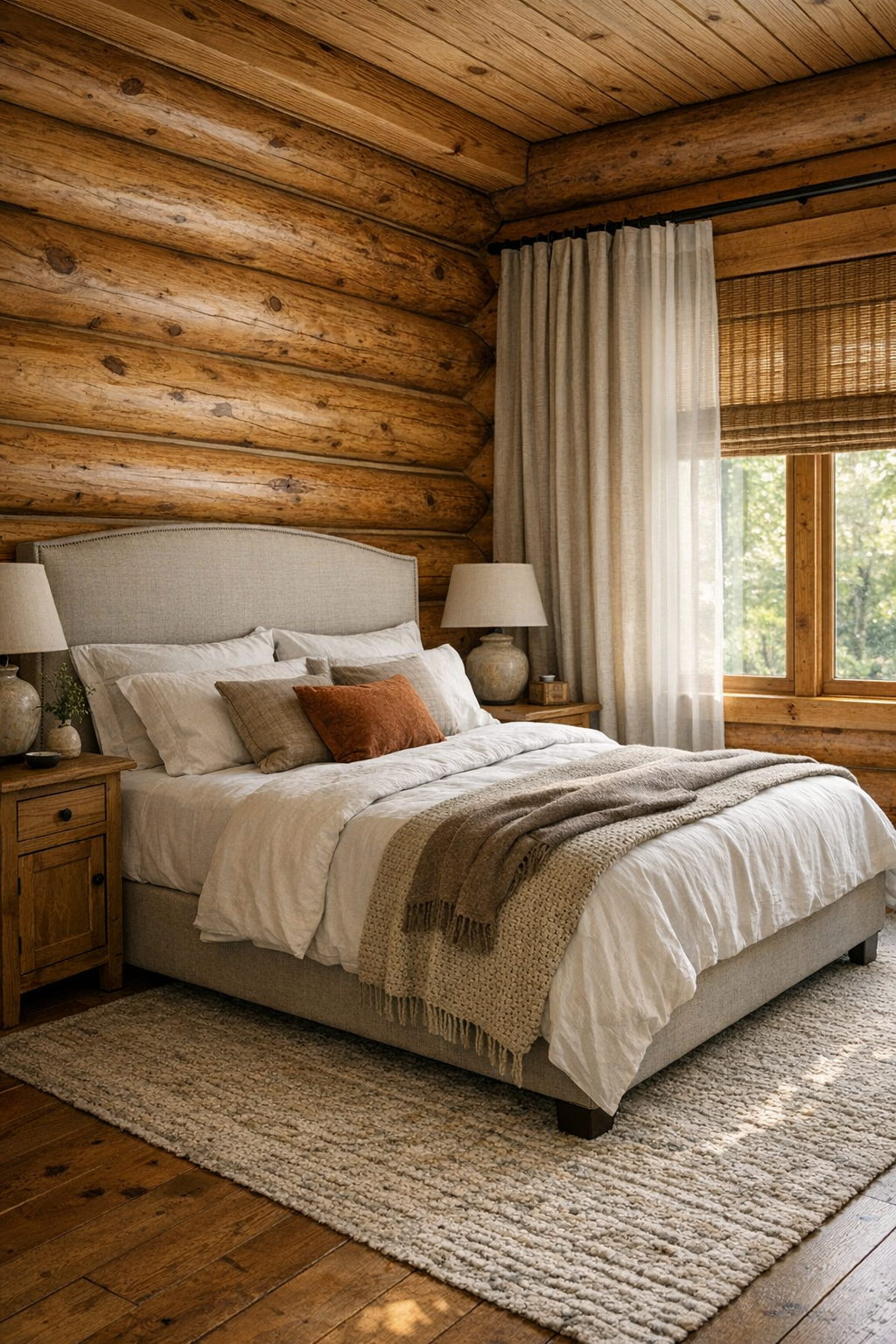 Calm cedar bedroom with upholstered bed and soft layered textiles