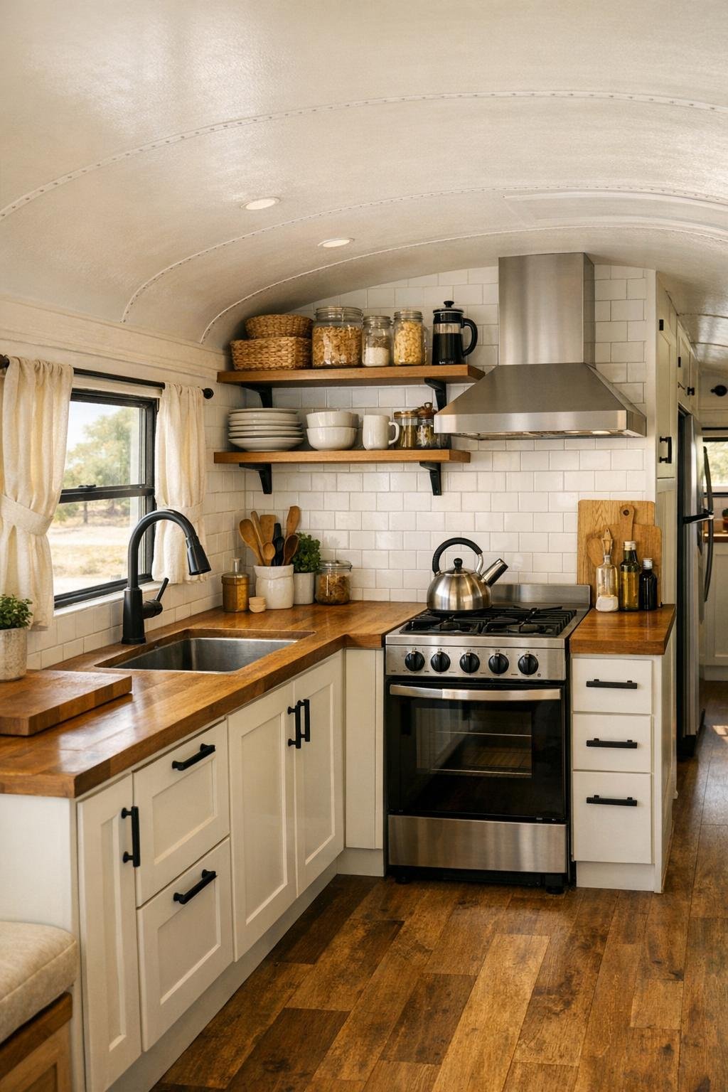 Bus kitchen with shaker cabinets, wood countertops, and open shelving