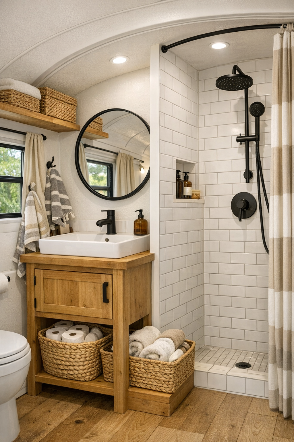 Bright bus bathroom with natural wood vanity and simple tile shower