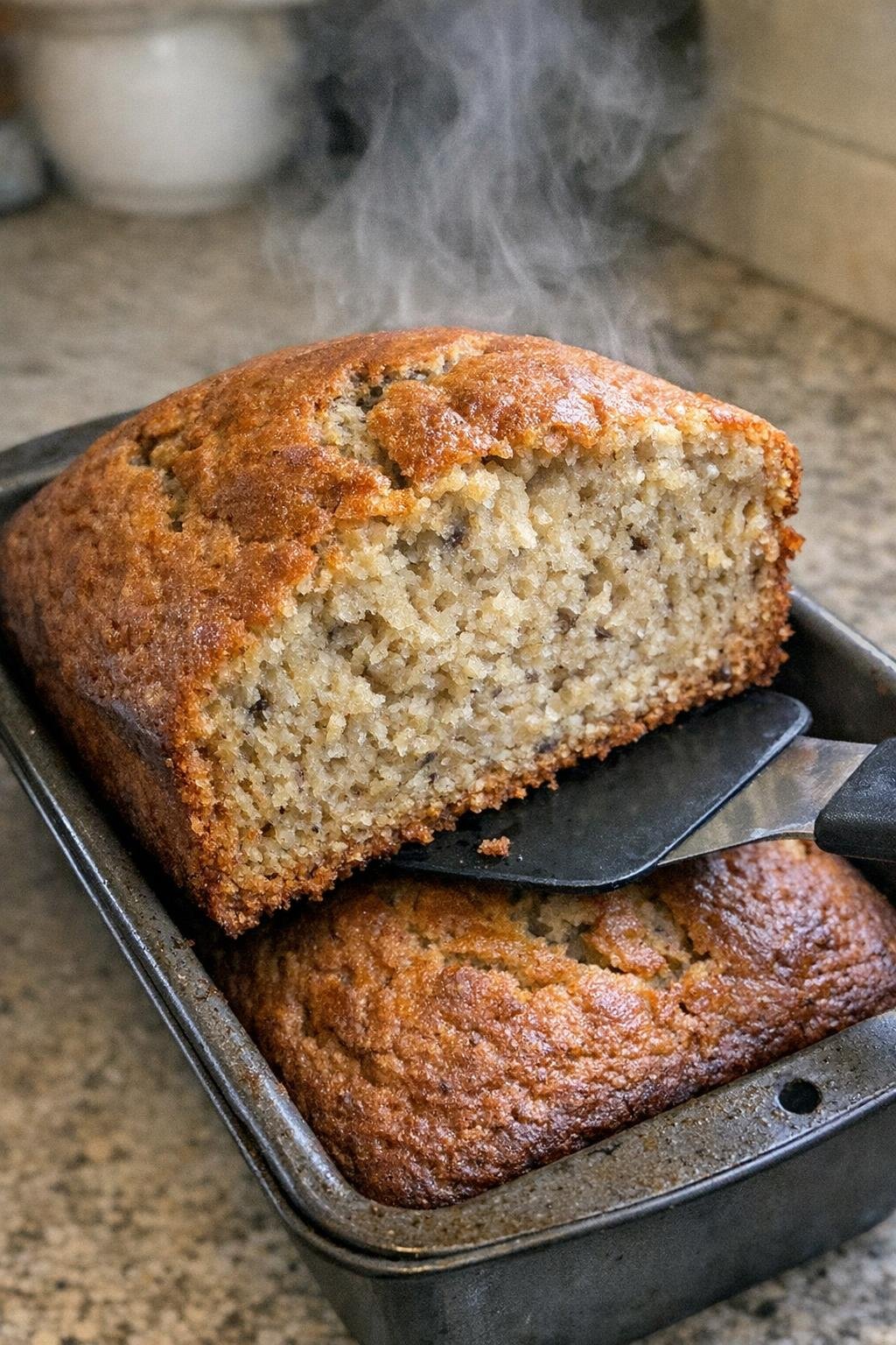 Tall golden-brown banana bread loaf with a lifted slice