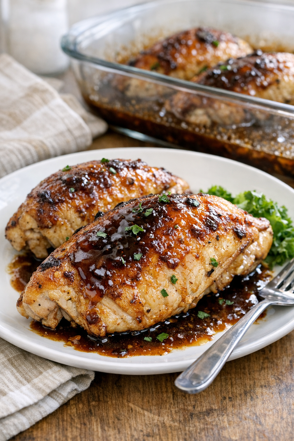 Finished oven-baked split chicken breasts plated with pan sauce