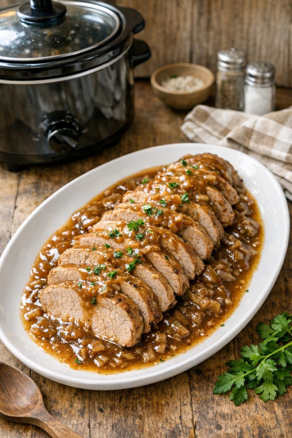 Finished slow cooker pork tenderloin on a platter