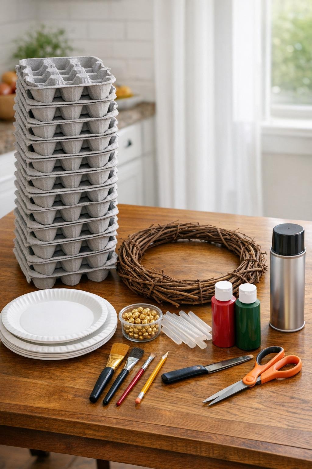 Egg cartons, paints, wreath form, glue, and embellishments laid out on a table