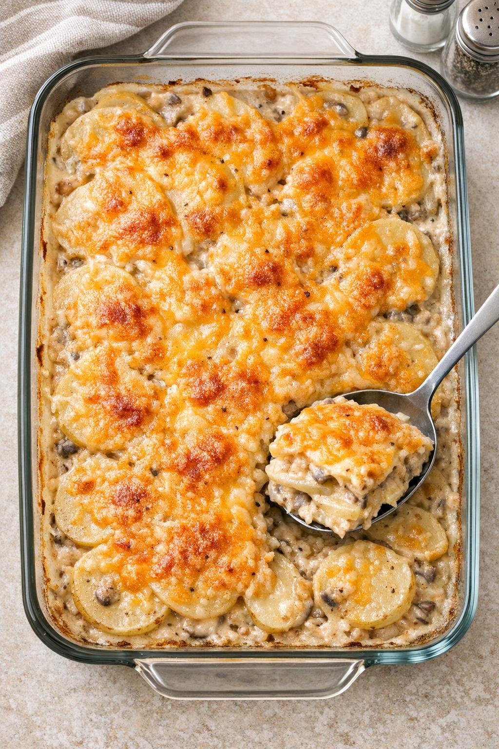 Baked creamy sliced potato casserole in a glass baking dish
