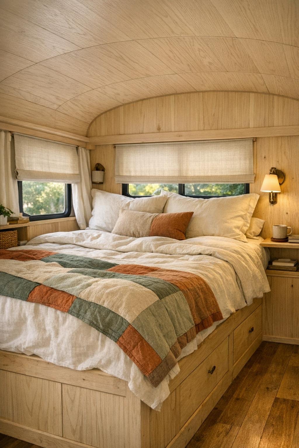 Peaceful bus bedroom with raised platform bed and linen bedding