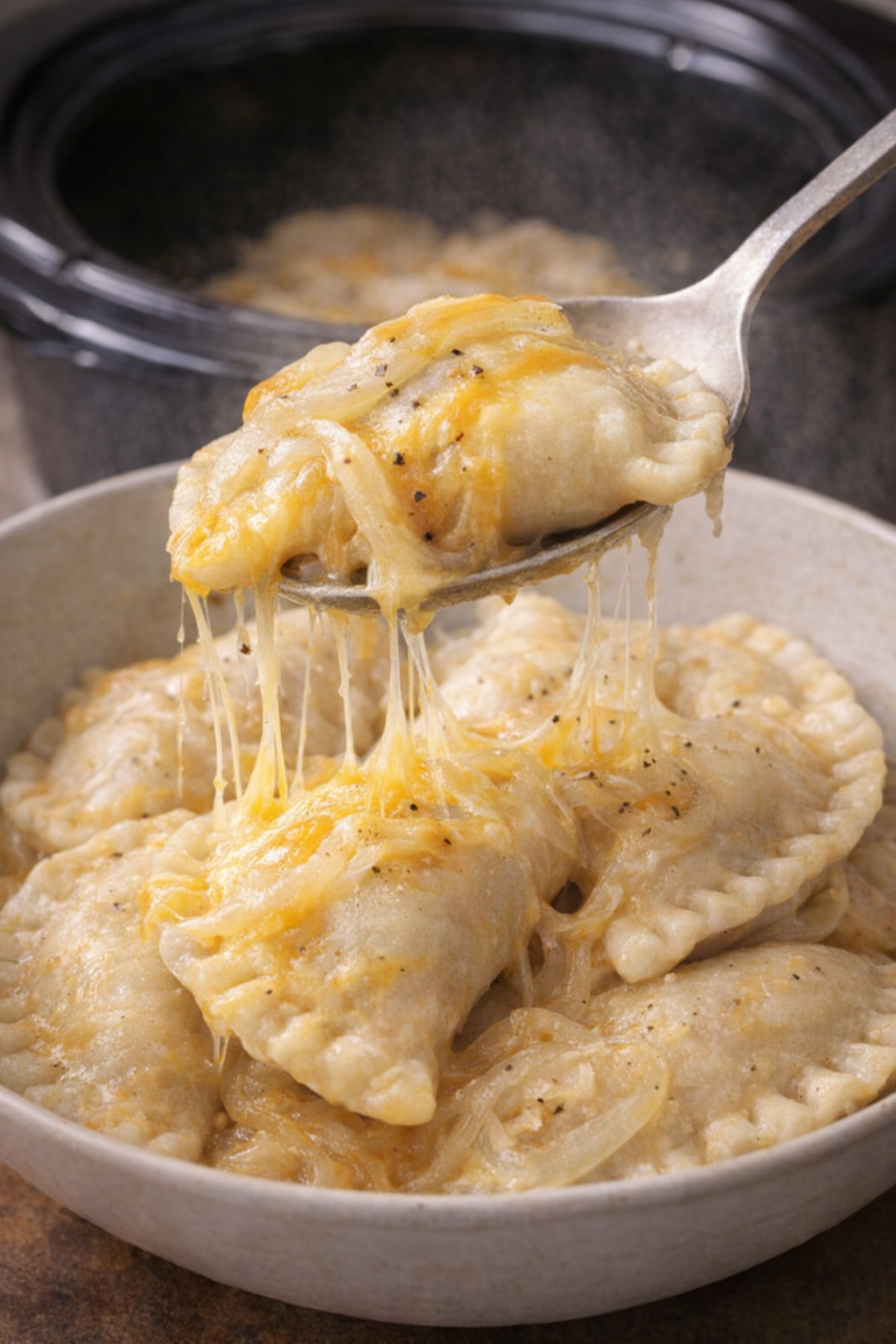 Cheesy pierogi being spooned into a dinner bowl