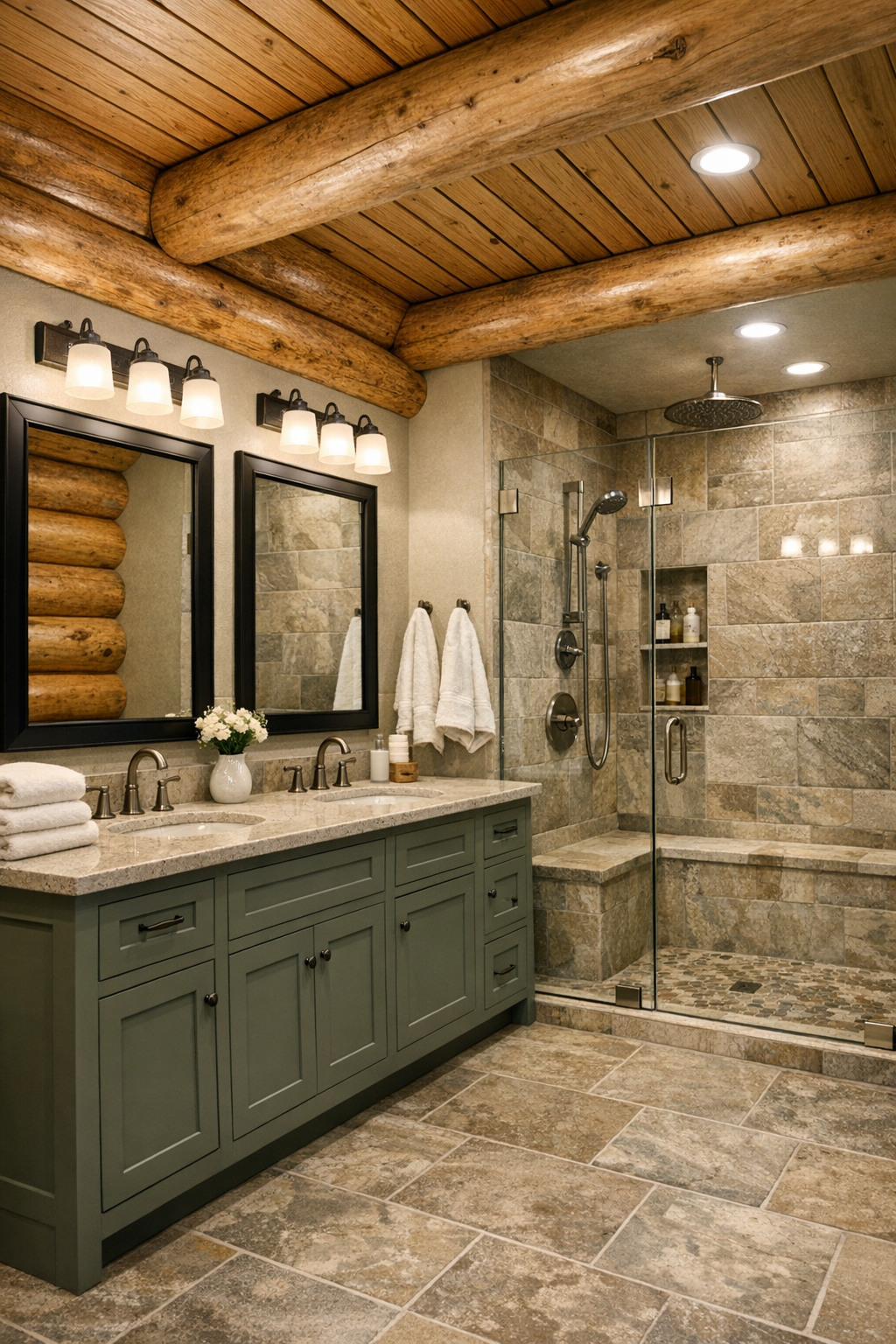 Bathroom with muted vanity, light stone surfaces, and glass walk-in shower