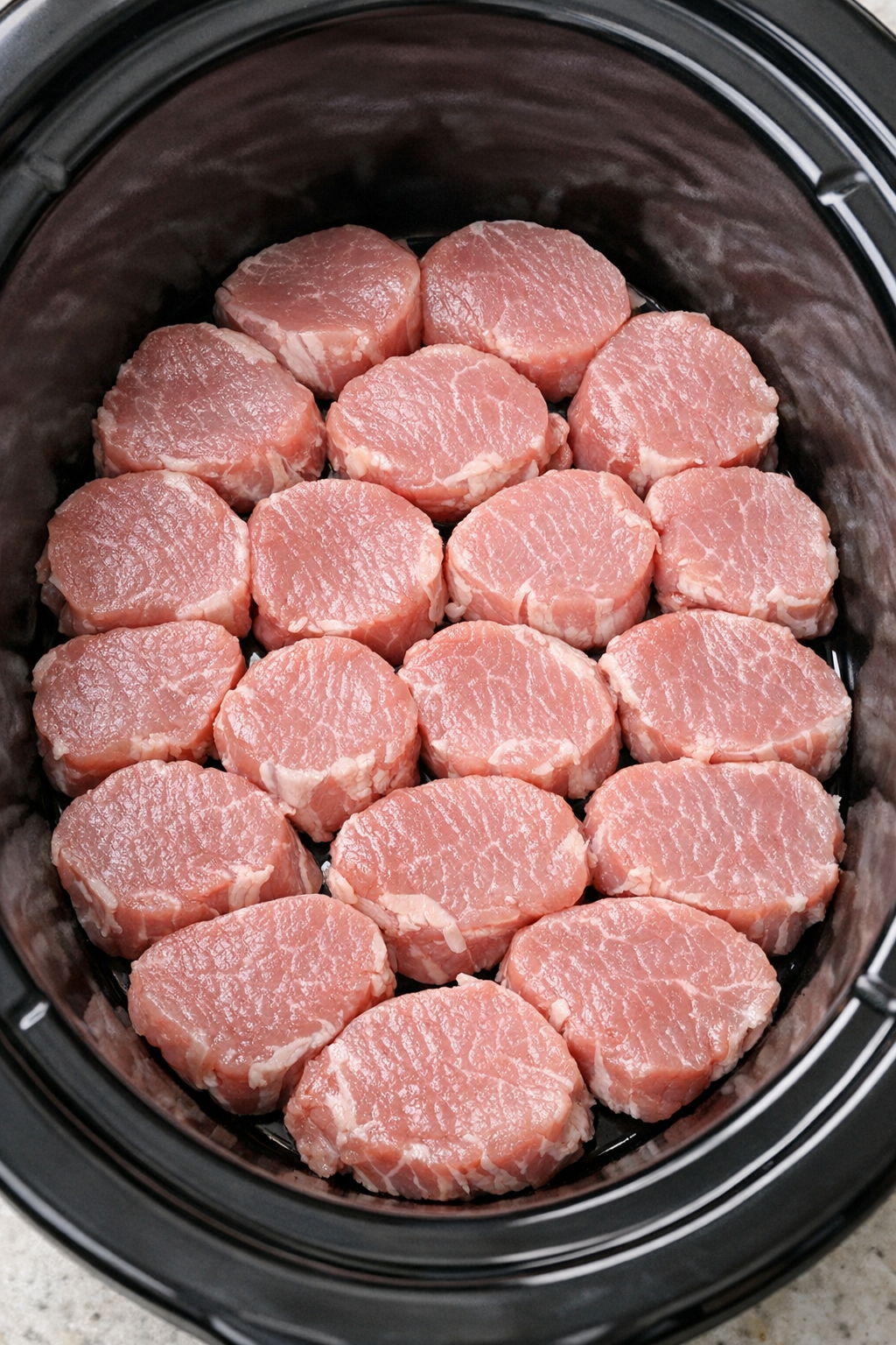 Raw pork medallions arranged in the bottom of a slow cooker