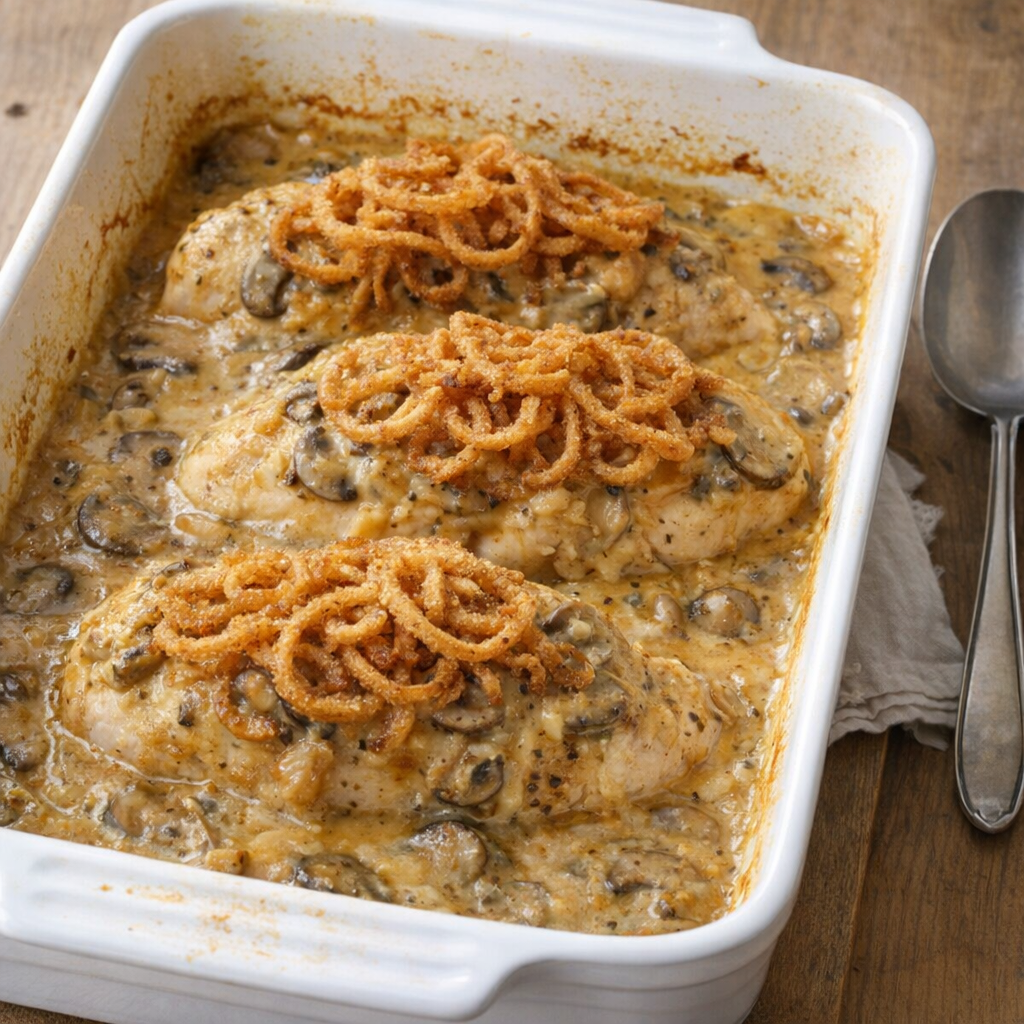 Creamy chicken casserole fresh from the oven in a white baking dish