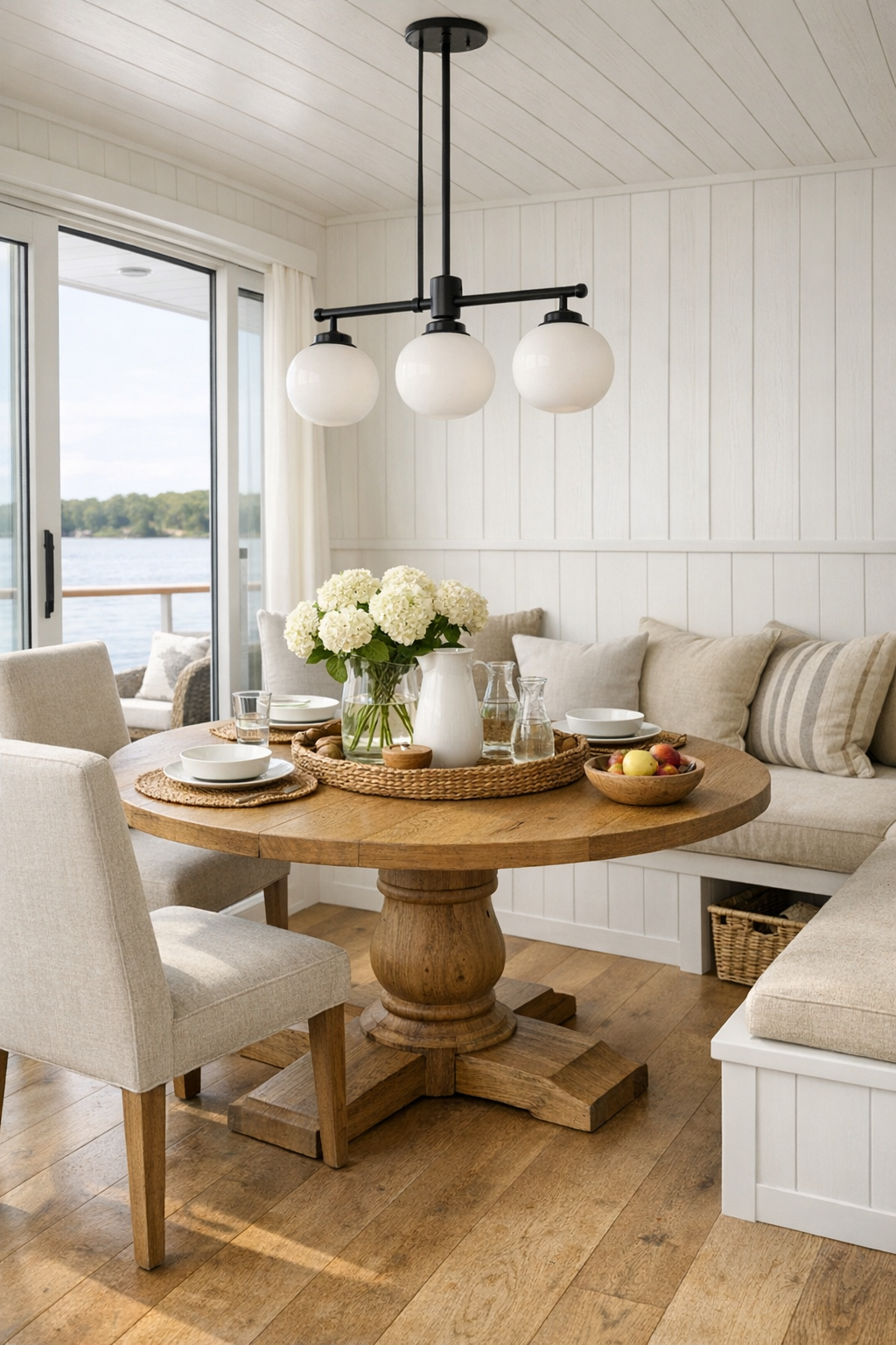 Warm farmhouse dining area with an oak pedestal table, upholstered chairs, a built-in banquette, and soft pendant lighting
