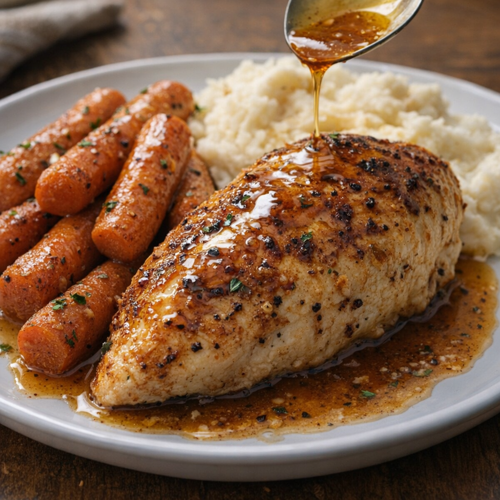 Plated Amish carrot patch chicken with carrots and pan glaze