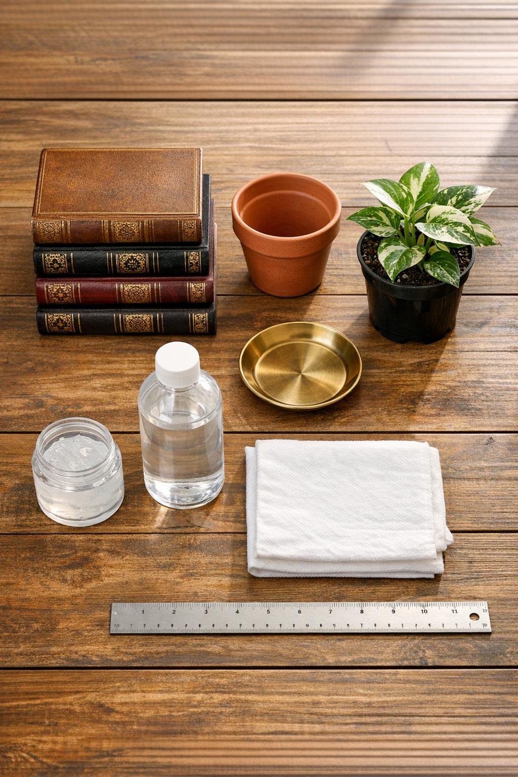 Vintage books, terracotta pot, brass saucer, and supplies laid out together