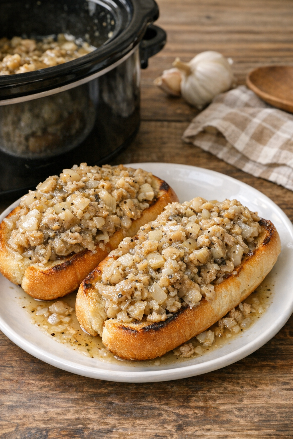 Finished slow cooker minced clams served on toasted rolls