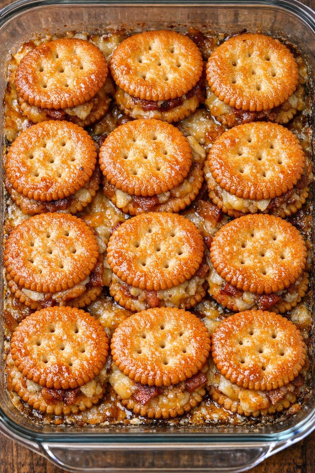 Southern 3-ingredient buttery cracker bites in a glass casserole dish