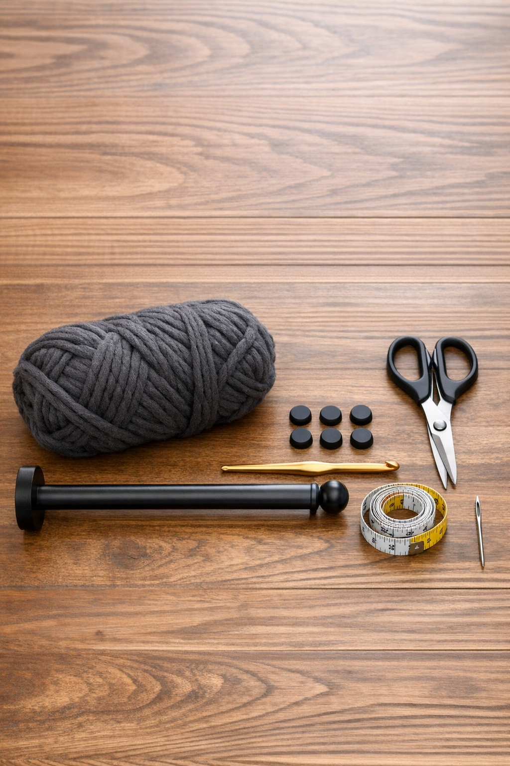 Materials for a crocheted laptop stand laid out neatly on a table