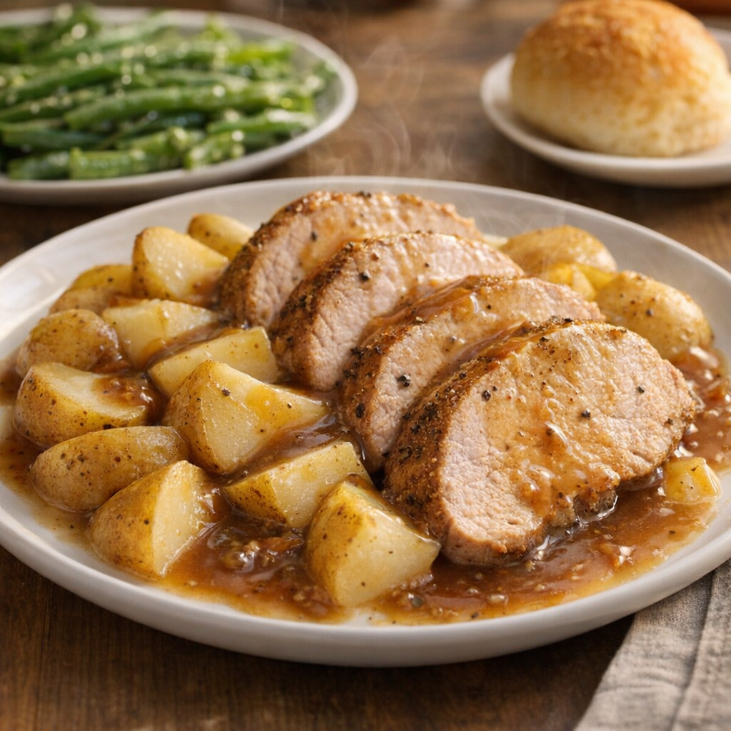 Country-style plated pork loin with potatoes and gravy