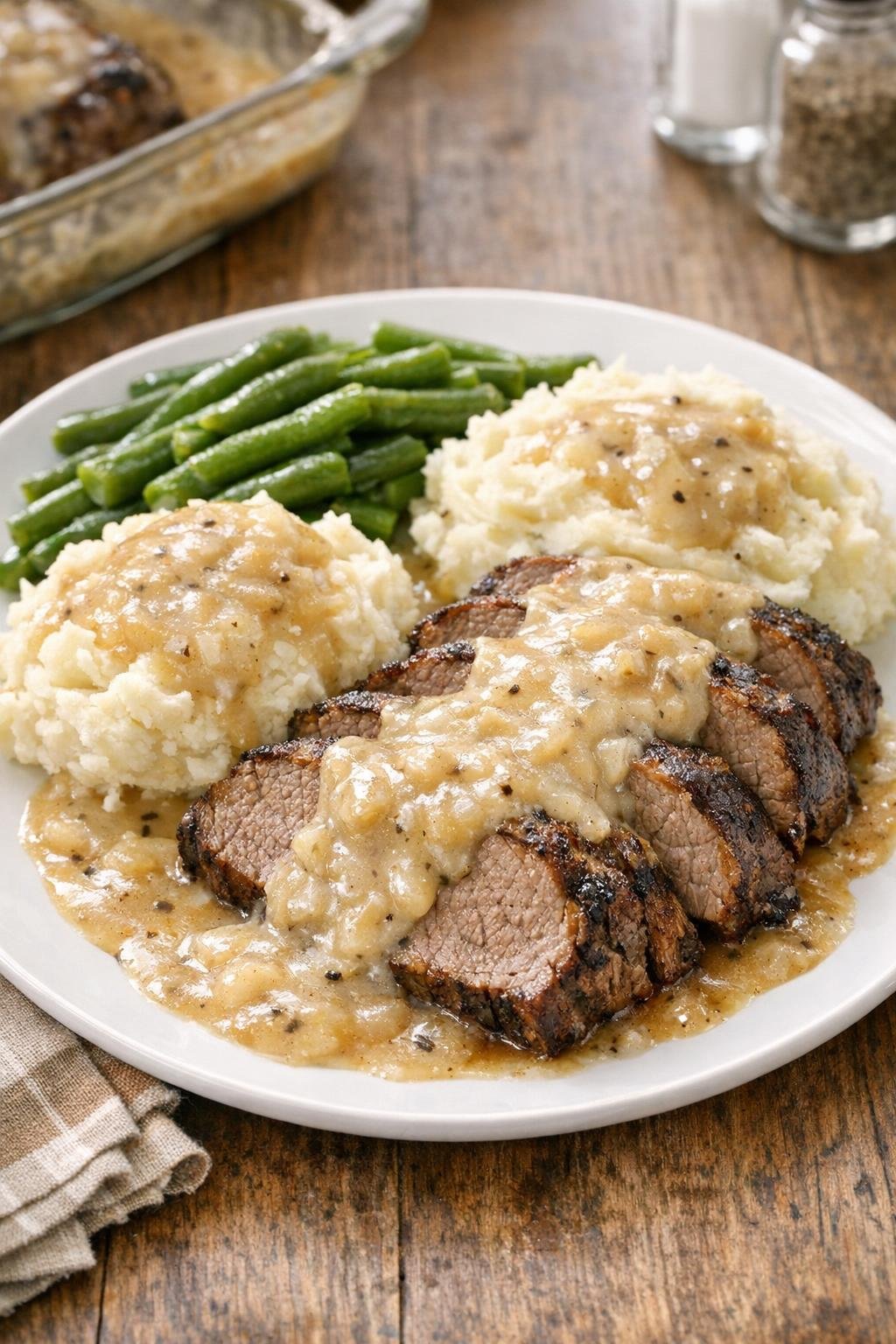 Finished Amish beef and cream of onion bake plated with gravy