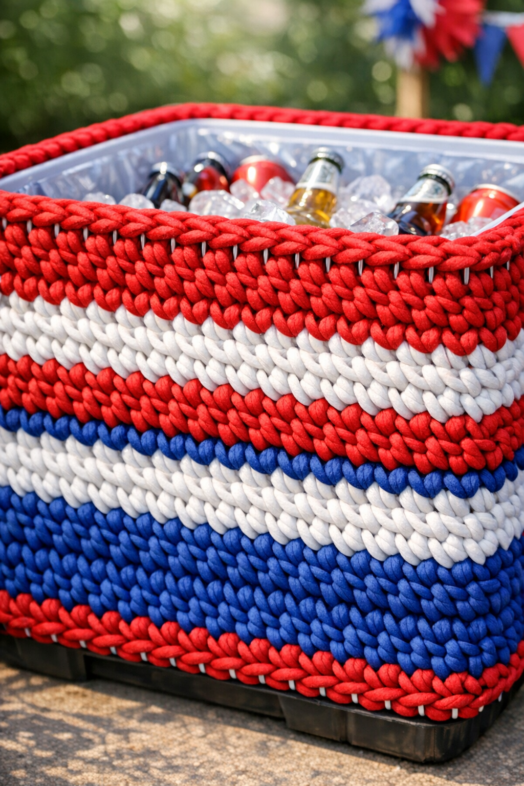 Finished patriotic crocheted cooler cover around a lined cardboard box
